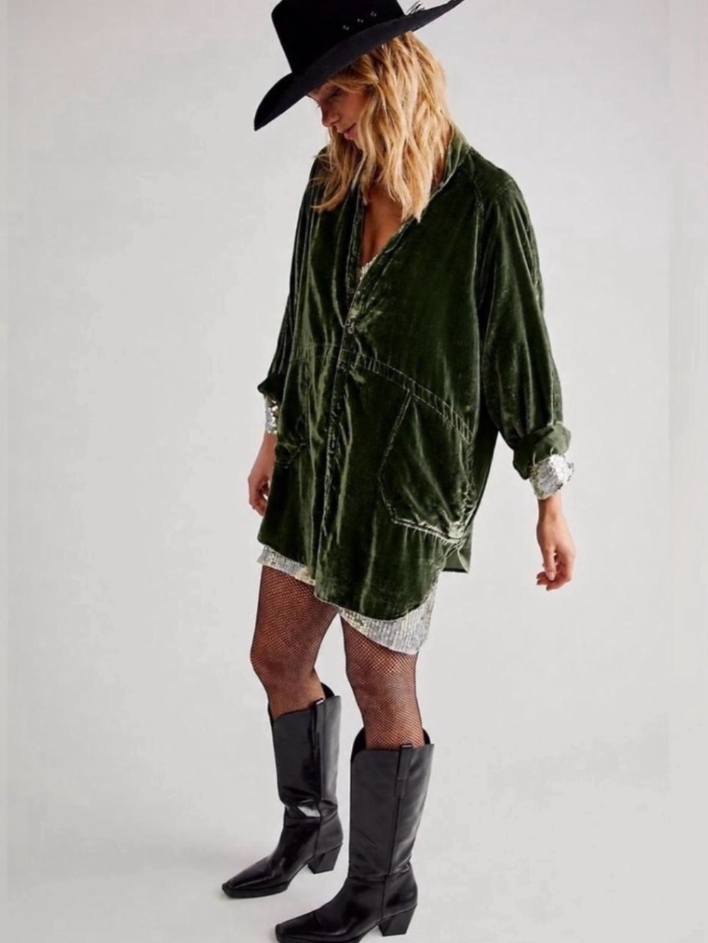 Natural Life Dark Green Velvet Oversized Button Down Shacket Top Goth Boho Small